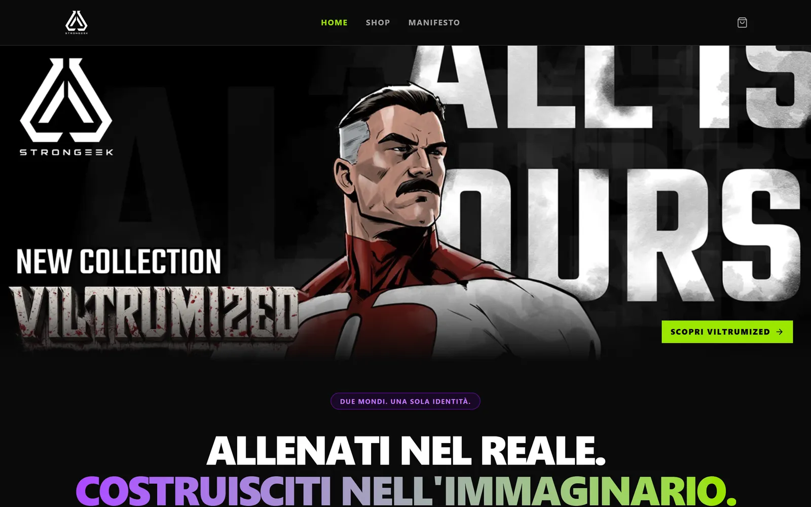 Schermata della home dell'e-commerce Strongeek, collezione Viltrumized