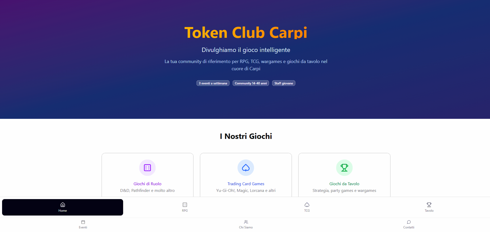Schermata della home del sito Token Club